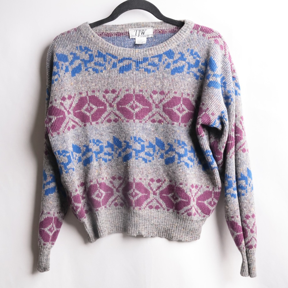 Vintage Fair Isle Knit Sweater Gray Blue Purple Acrylic Wool S Nordic Grunge